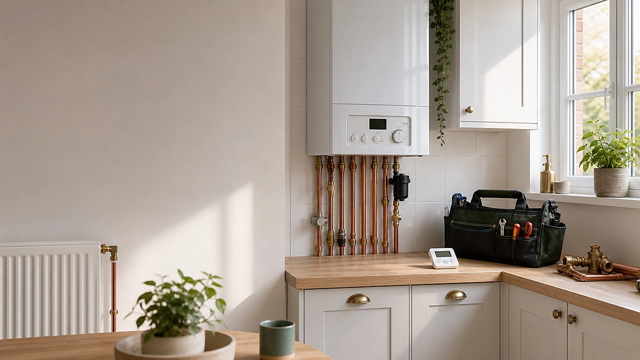 Clean modern boiler, copper pipework and professional heating tools representing Great Gas Ltd services Clean modern boiler, copper pipework and professional heating tools representing Great Gas Ltd services