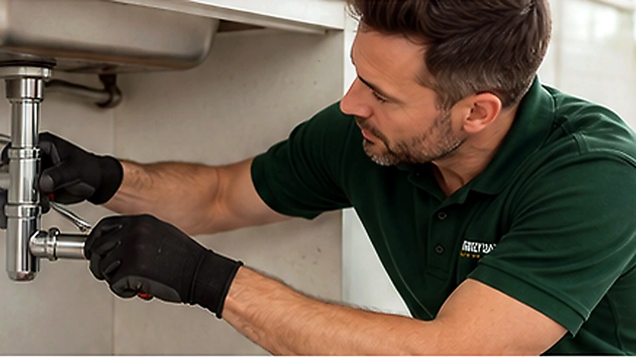 Great Gas engineer repairing pipework beneath a kitchen sink in a West London home